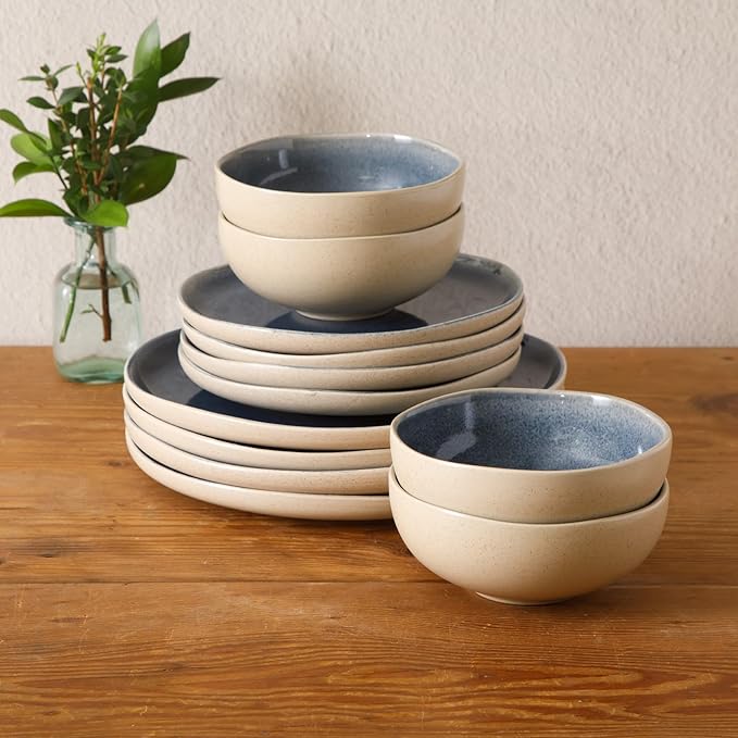 Gibson Elite Manila Bay 12-Piece Stoneware Dinnerware Set, Service for 4, Reactive Glaze Modern Artisan Plates, Bowls & Mugs, Blue, Round Design