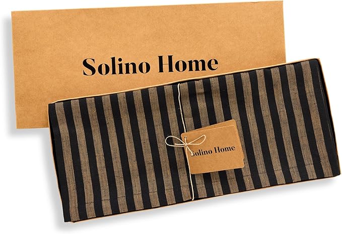Solino Home Table Runner 144 Inches Long - Amalfi Stripe, 100% Pure Linen Brown Sugar and Black Table Runner 14 x 144 Inch for Dining