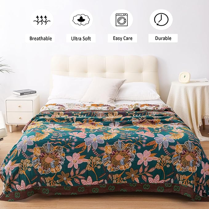 VANJOROY Boho Throw Blanket for Bed, 100% Cotton Muslin Soft Twin Throw-Floral Farmhouse Rustic Decor Blanket for Couch Sofa Quilt and Gift, 60" x 80"-BeigeWhite