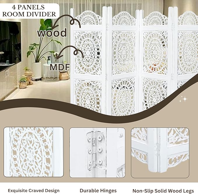 Lightnpro 4-Panel Wooden Room Divider 48 × 64 Inch Antique White Finish - Hand-Carved Oval Folding Privacy Screen, Pre-Assembled Decorative Partition for Living Room, Bedroom & Home Office
