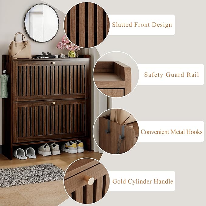 wanan 31.5" Shoe Cabinet with 2 Flip Slatted Drawers, Adjustable & Removable Panels, Narrow Shoe Cabinet Storage for Entryway, Hallway, Shoe Rack Organizer Cabinet, Light Oak
