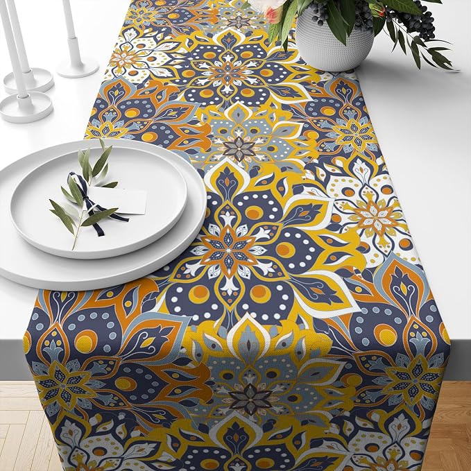 YCness Mandala Floral Table Runner, Retro Colorful Hippie Flowers Boho Table Runner for Bedroom Kitchen Living Room Table Runner, 13x36 Inch