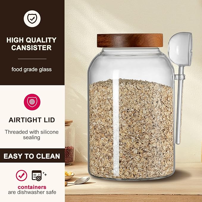 Wissy&Konny 1 Gallon Glass Jar with Lid 2Pack, Borosilicate Large Glass Flour Sugar Storage Containers for Tea,Cereal, Egg and More,Leak-proof Screw Lid (2 Spoons)