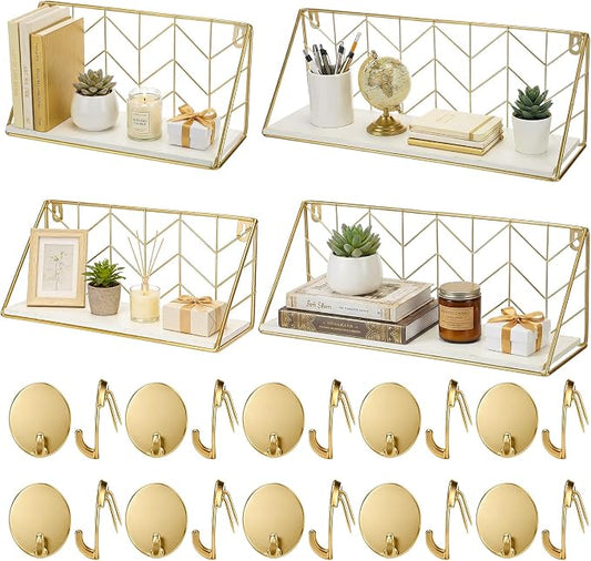 Maxdot Floating Shelves Wall Mounted Set of 4 with 24 Cubicle Hooks, Rustic Wood Storage Decor Hanging Shelves Fabric Panel Wall Hooks for Home, Living Room, Bedroom, Bathroom, Kitchen (Gold)
