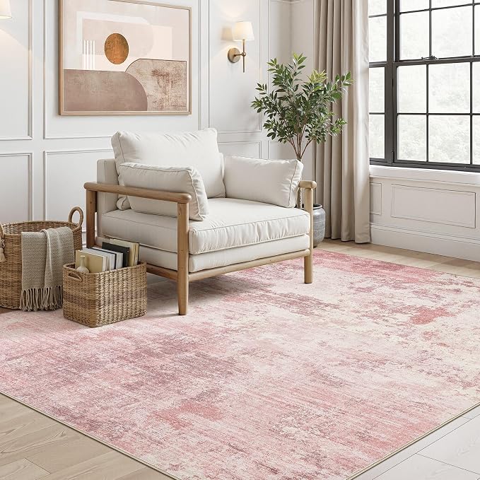 UERMEI 5x7 Area Rug Living Room Rugs - Washable Neutral Modern Abstract Soft Thin Large Rug Indoor Floor No Slip Rug Carpet for Bedroom Under Dining Table Home Office Decor - Pink