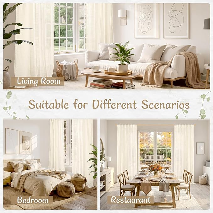 LAMIT Beige Linen Curtains 90 Inch Long for Bedroom Living Room, Soft Thick Back Tab and Rod Pocket Window Drapes Semi Sheer Light Filtering Panels Farmhouse, 52 x 90 Inch, 2 Panels Set