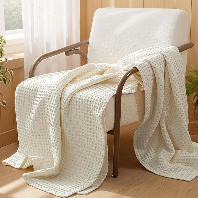 Exclusivo Mezcla Pre-Washed 100% Cotton Waffle Throw Blanket for Couch, 330GSM Lightweight Breathable Summer Blankets, Soft and Cozy, Room Decor, 50x60 Inches