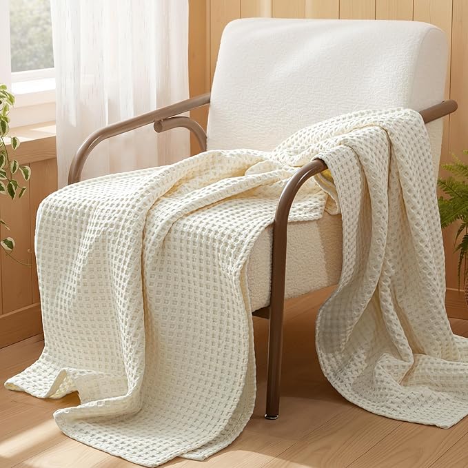 Exclusivo Mezcla Pre-Washed 100% Cotton Waffle Blanket King Size for Bed, 330GSM Lightweight Breathable Summer Blankets, Soft and Cozy, Home Decor, Ivory, 104x90 Inches