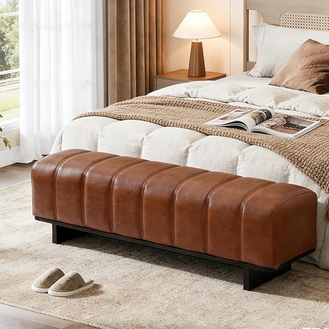 Christopher Knight Home Lamie Faux Leather Upholstered Dining Bench, Wooden Entryway Bench, Long Sofa Footstool for Living Room, Bedroom End of Bed Bench, Brown+Black