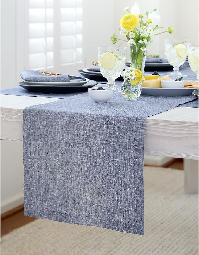 Solino Home Linen Chambray Indigo Table Runner 90 Inches Long - Athena, 100% Pure Linen Dining Table Runner 14 x 90 Inch for Summer