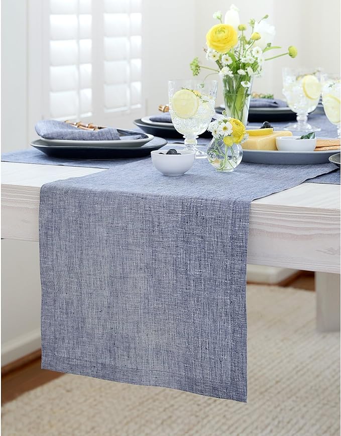 Solino Home Linen Small Table Runner 48 Inches - Athena, 100% Pure Linen Chambray Indigo Table Runner 14 x 48 Inch Ideal for Dresser and Coffee Tables - Summer