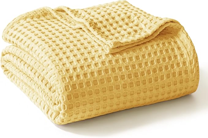 Exclusivo Mezcla Pre-Washed 100% Cotton Waffle Throw Blanket for Couch, 330GSM Lightweight Breathable Summer Blankets, Soft and Cozy, Room Decor, Yellow, 50x60 Inches
