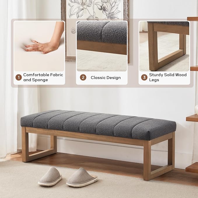 Zihanhome 52.7" Bedroom Bench for End of Bed, Modern Upholstered Teddy Fabric Entryway Bench & Dining Bench, Footrest Stool Bench with Solid Wood Frame for Bedroom, Living Room (Grey)