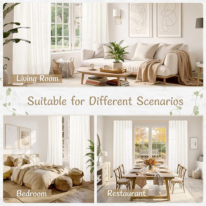 LAMIT Linen Semi Sheer Curtains 63 Inch Length 2 Panels, Light Filtering Neutral Window Drapes Lightweight Back Tab and Rod Pocket Bedroom Panels for Living Room/Farmhouse, 52 x 63 Inch