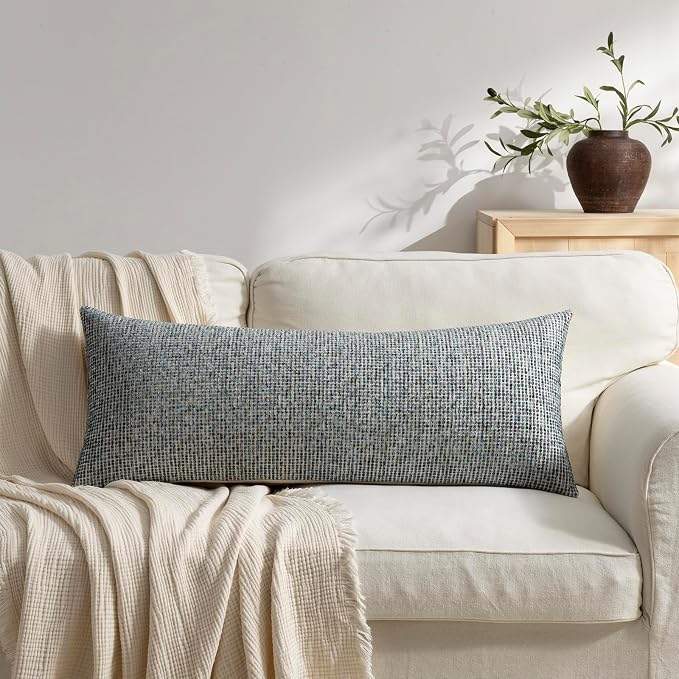 Pack of 1 Neutral Lumbar Pillow Covers 14x36 Boho Textured Dots Stripe Chenille Rectangular Long Decorative Body Pillow Cases Accents for Living Room Couch Bed Farmhouse Home Decor, Turquoise Blue