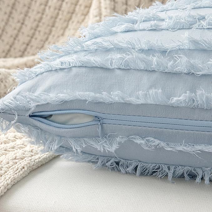 MIULEE Decorative Boho Throw Pillow Covers Set of 2 Light Blue Linen Striped Jacquard Pattern Summer Coastal Cushion Covers for Sofa Couch Living Room Bedroom 18x18 Inch