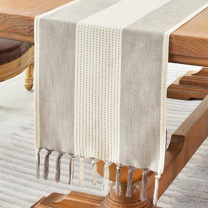 Wracra Linen Table Runner, Farmhouse Macrame Table Runners 60 Inches Long for Dining Table Decor, Wedding, Party and Dresser Decor (Dark Coffee,60")