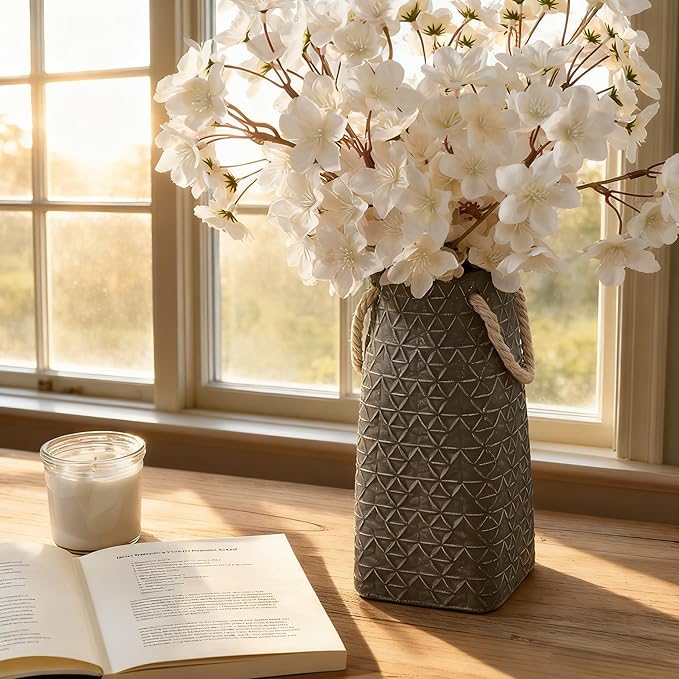 Vaseking Elegant Petite Vase, 8.66 inch Ceramic Modern Minimalism Geometric Texture Purse Vase with Hanging Rope, Creative Tote Bag Vases for Home Decor, Living Room, Wedding, Bookshelf Decor, Gray