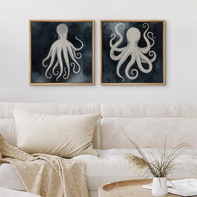 SIGNFORD Framed Canvas Print Wall Art Set Nautical Octopus Illustration Dark Blue Ocean Coastal Modern Art Relax/Calm for Living Room, Bedroom, Office - 16"x16"x2 NATURAL