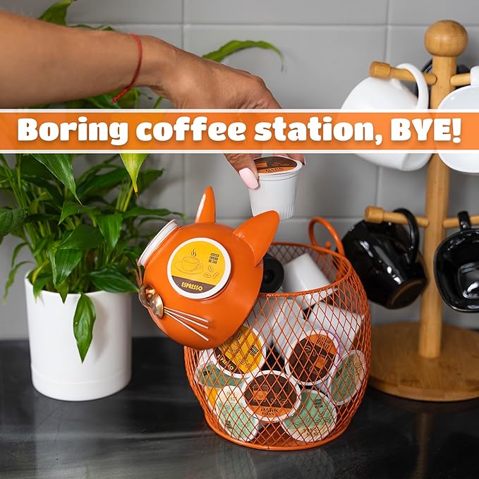 Made Easy Kit Coffee Pod Basket Organizer Practical Decoration - Compatible with Keurig K-Cup Pods & Capsules - Home Cafe Bar Decor Useful Kitchen Countertop Freestanding (Cat Orange)