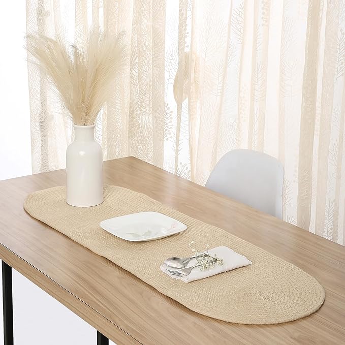 Encasa XO Dining Table Runner | Handmade Ribbed Style Cotton | 12x36 in | Beige | for Coffee & Center Table