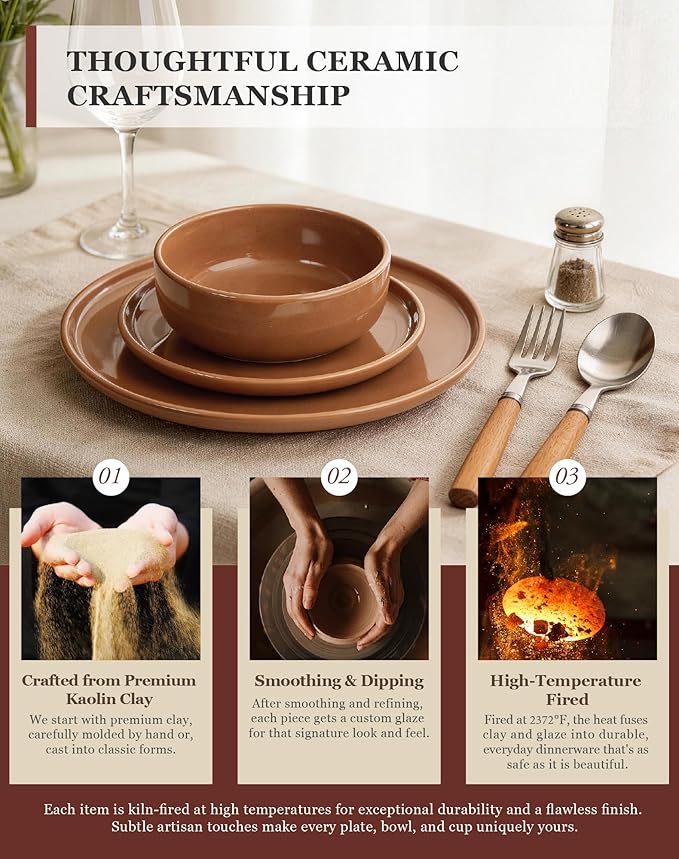 OTAGO 24-Piece Dinnerware Sets for 6, Ceramic Plates and Bowls Set with Partially Unglazed Base, Handcrafted Look, Stoneware Dishes Set for Kitchen, Brown, Dinner & Dining, Microwave & Dishwasher Safe