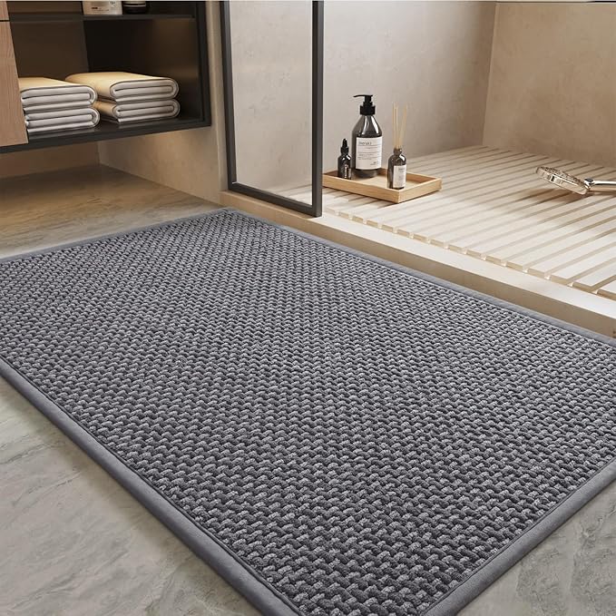 PADOOR-Bath Mat-Super Absorbent Chenille Bathroom Mats-Rubber Backed Bath Mats for Bathroom Non Slip, Easy Clean Bathroom Rugs Front of Bathtub,Shower Room,Sink-17×35, Grey&Darkgrey