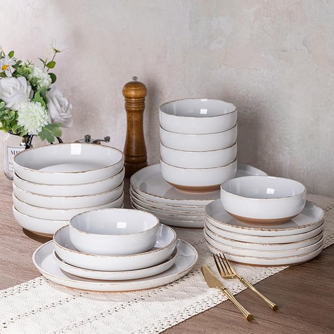 AmorArc Dinnerware Sets for 6, 18 Pieces Stoneware Plates and Bowls Set with Handbrush Rim, Scratch Resistant Dishes Set, Dishwasher & Microwave Safe, White