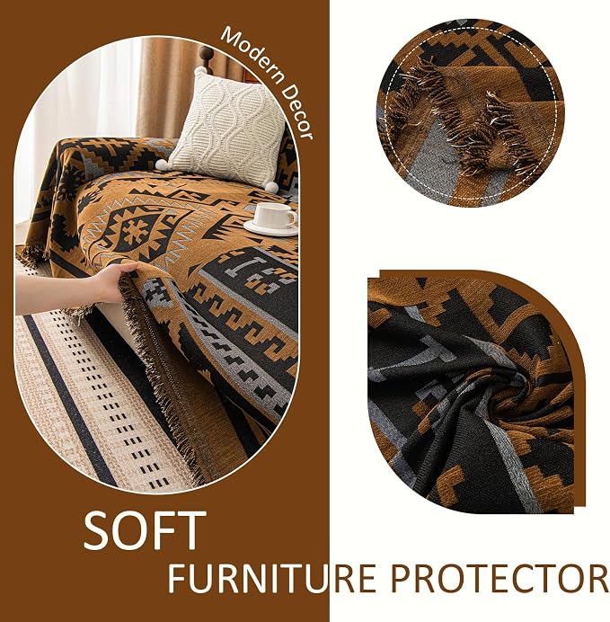 VClife Boho Couch Cover, Aztec Sofa Cover for Dog, Non Slip Washable Couch Covers for 3 Cushion Couch Sofa, Reversible Triangle Geometric Futon Cover Furniture Protector (Black-Pumpkin, 71" x 134")