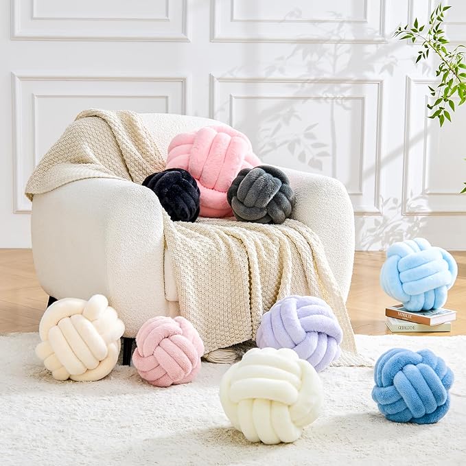 Uvvyui Knot Pillow Ball Home Decorative Pillows Round Throw Pillow with Faux Rabbit Fur Handmade Knotted Plush Pillow Aesthetic Room Decor Round Boucle Pillow Cushion (Beige, 11 Inch)