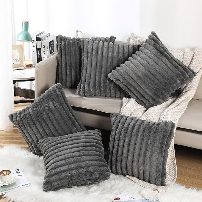 VitalCozy Throw Pillow Covers Set of 6 18x18 Decorative Neutral Couch Throw Pillow Covers Faux Fur Pillowcase Soft Velvet Farmhouse Boho Striped Decor for Bed, Sofa(Gray)