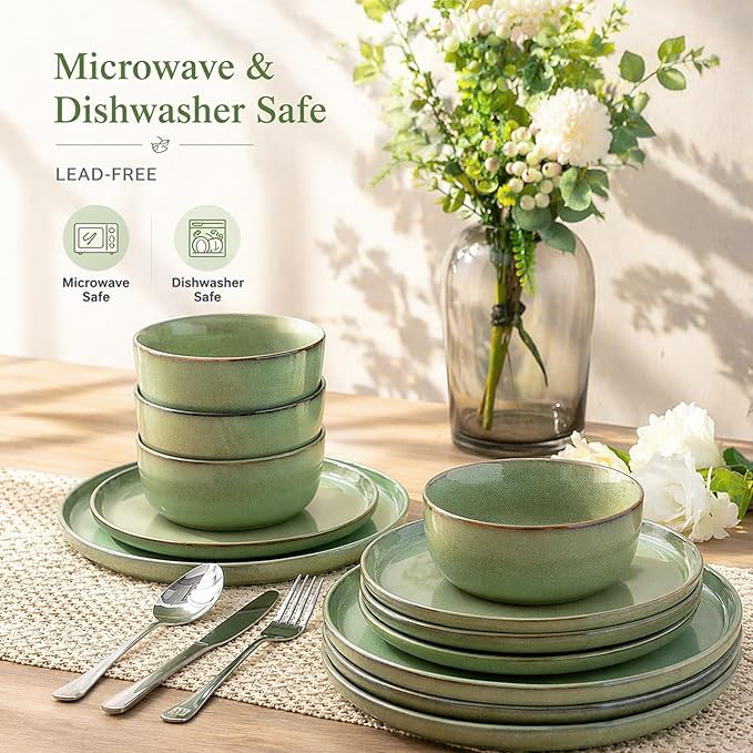 GBHOME Ceramic Dinnerware Sets for 8, 24 Pieces Stoneware Plates and Bowls Sets, Scratch Resistant Dishes, Dishwasher & Microwave Safe-Pastel Green