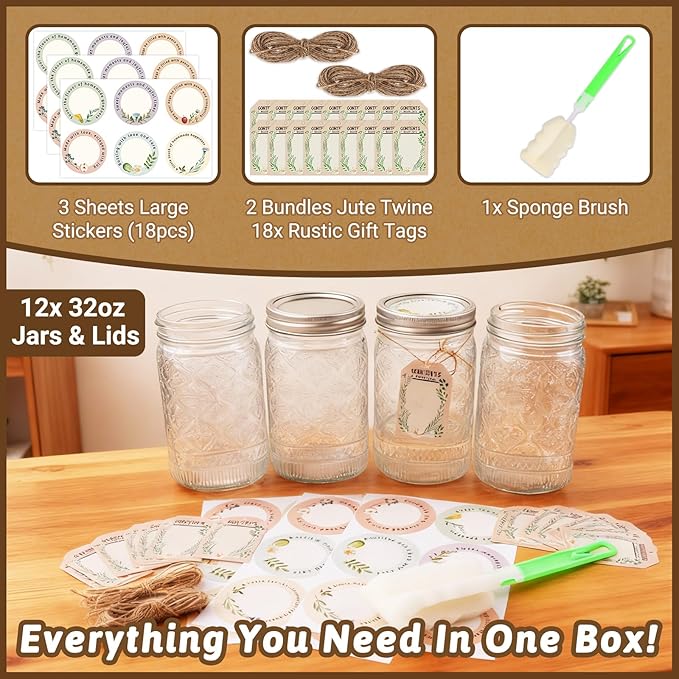 32 oz Mason Jars with Airtight Lids and Bands, 12-Pack with Wide Mouth, Rustic Stickers & Tags, Quart Glass Canning Jars for Pickling, Food Storage, Fermentation,Overnight Oats