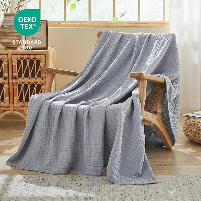 EMME Cotton Muslin Twin XL Blanket Breathable Gauze Blanket Soft Lightweight Blankets Adults Gifts for Women (Dusty Blue, 66"x90")