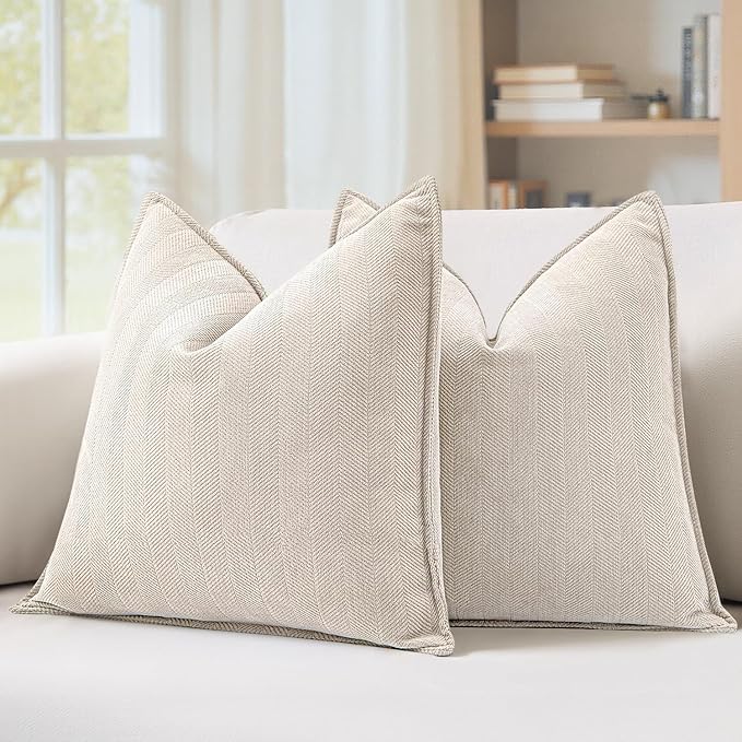 MIULEE Pack of 2 Cream Beige Decorative Pillow Covers 20x20 Inch Soft Chenille Luxurious Couch Throw Pillows Farmhouse Cushion Covers with Elegant Design for Sofa Bedroom Living Room Summer Decor