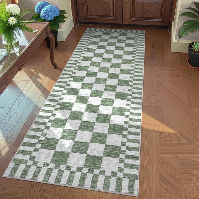 GarveeHome 2×6 Kitchen Runner Rug Non Slip,Sage Green Checkered Rug, Washable Runner Rug for Hallway Soft Low-Pile Geometric Modern Rugs for Entryway
