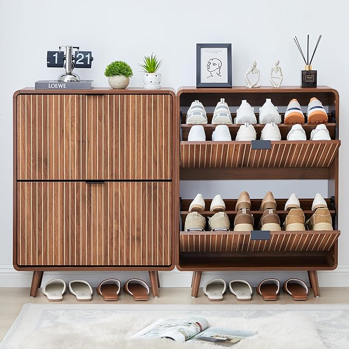 FurSch Fluted Shoe Cabinet Storage for Entryway,Slim Shoe Cabinet with 2 Flip Drawers, Narrow Shoes Rack Organizer (All Walnut, 2 Drawers)