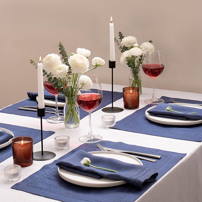 Linen Napkins Set of 4-100% Pure Linen Navy Blue Dinner Napkins with Embroidered Dot 18 x 18 inch - Hemstitch Cloth Napkins Washable for Winter and Spring Decor