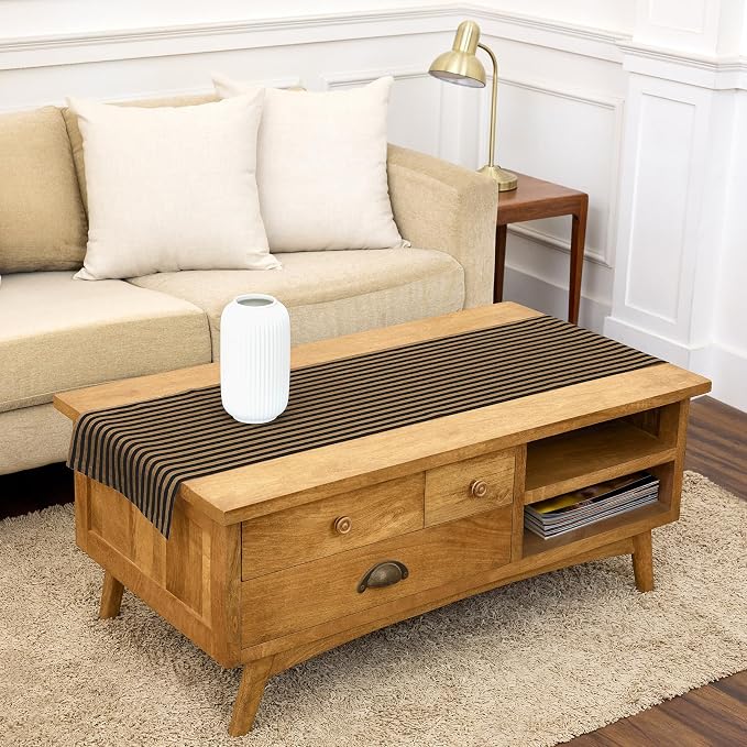 Solino Home Table Runner 60 Inches - Amalfi Stripe 100% Pure Linen Brown Sugar and Black Table Runner 14 x 60 Inch Ideal for Dresser and Coffee Tables
