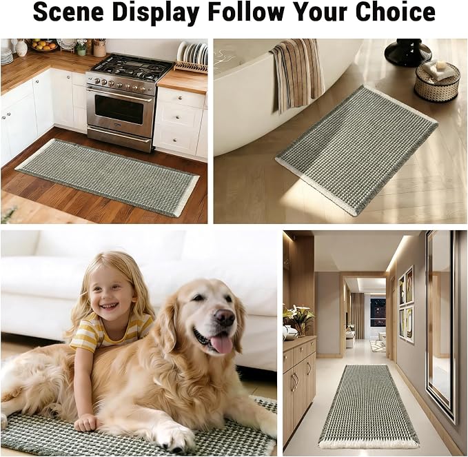 Waffle Bath Mat Set of 2, Non Slip Waffle Rugs for Bathroom, Super Absorbent & Quick Dry Soft Shower Mat for Bathroom & Kitchen Floor, Machine Washable Bath Rugs (Green & White)