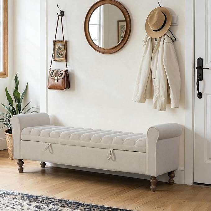 Chifee & Vingol 65" Storage Ottoman Bench Upholstered End of Bed Bench Modern Entryway Benches Window Benches for Bedroom Living Room Entryway,Beige