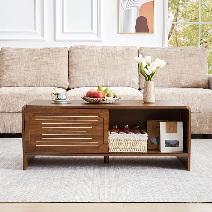 43.3'' Coffee Table, 2-Tier Rectangle Center Table with Sliding Door, Wood Modern Coffee Tables with Sturdy Base & Rounded Corners for Living Room, Office, Small Space