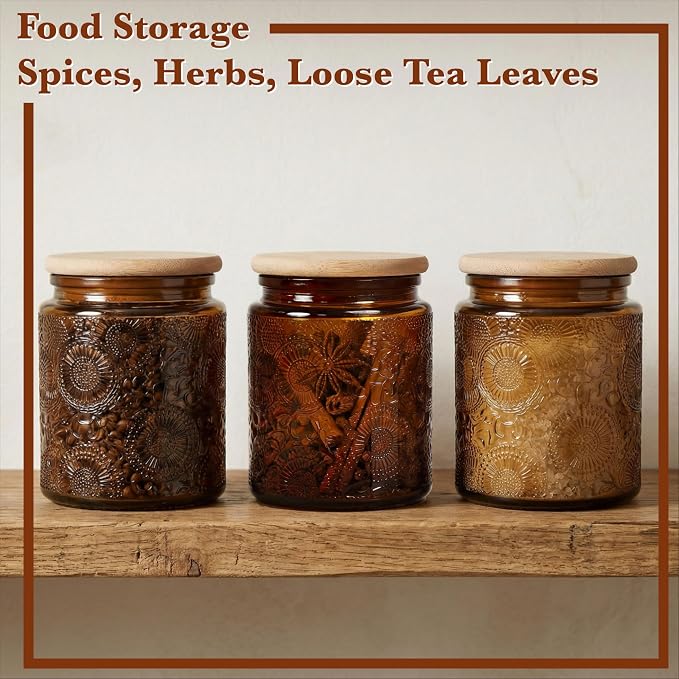 8oz Decorative Glass Jars with Airtight Bamboo Lids (Dark Amber - 6pc), Vintage Food Storage Containers, Home Décor Candle Making Parties Wedding Baby Shower Favors Gift