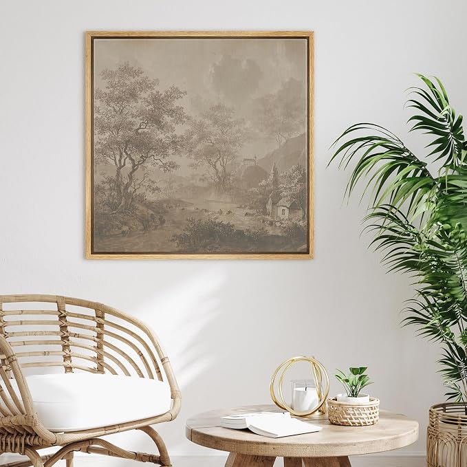 SIGNFORD Framed Canvas Print Wall Art Vintage Sepia Countryside Landscape Modern Art Relax/Calm Warm for Living Room, Bedroom, Office - 16"x16" NATURAL