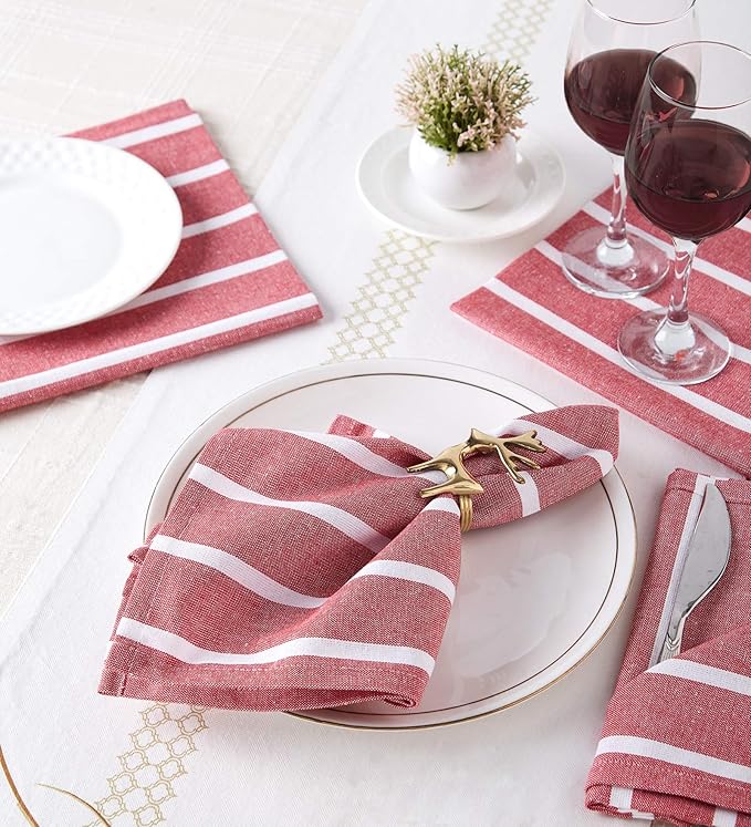 Encasa XO Cotton Cloth Napkins Set of 12, 17"x17" | Washable & Reusable Dinner Napkins Roma Red Stripes Table Napkins for Farmhouse, Wedding, Holiday, Party & Everyday Dining