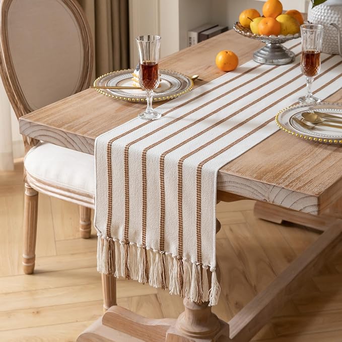 Caflife Boho Table Runner 90 Inchs Long Brown and Beige, Cotton and Linen Woven with Tassels, for Modern Rustic Farmhouse Neutral Table Runners, Bohemian Kitchen Dining Table Home Decor