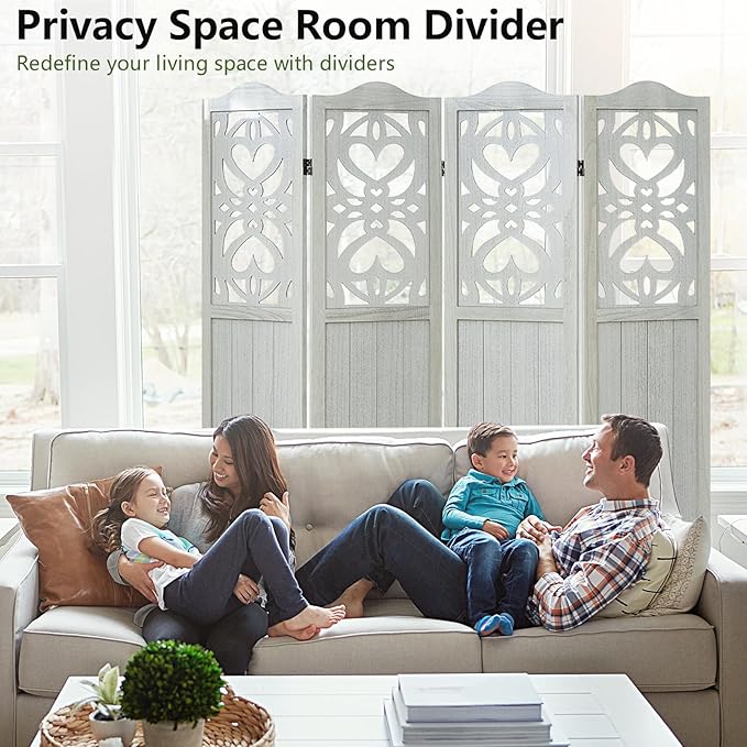 4 Panel Room Divider 5.6FT Wood Carved Room Divider Folding Privacy Screen with Double Hinges, Free Assembled Portable Partition Screen Divider for Room Separation Home Office - Retro White