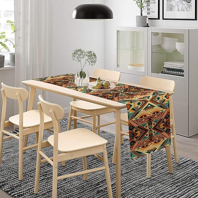 Aztec Rectangular Table Runner,Retro Ethnic Tribal Geometric Pattern Suitable for Home Living Room Kitchen Cafe Table Decor 13x60 Inch