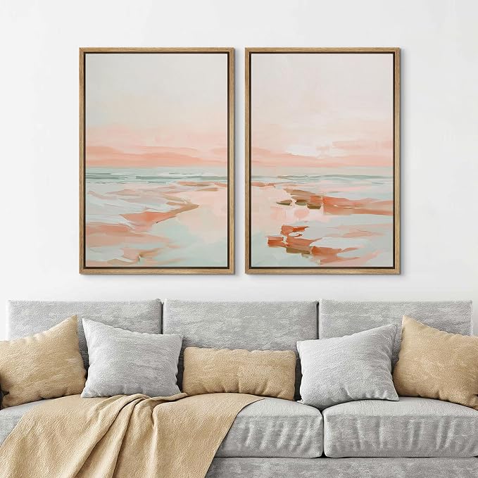 SIGNLEADER Framed Canvas Print Wall Art Set Soft Abstract Coastal Seascape Pastel Beach Landscape Illustrations Modern Relax/Calm for Living Room, Bedroom, Office - 24"x36"x2 NATURAL