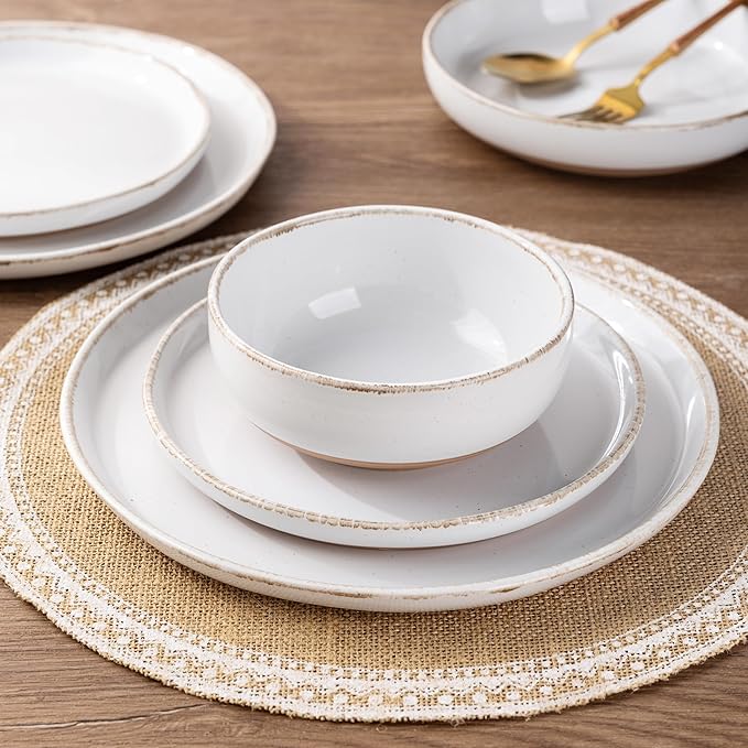 AmorArc Dinnerware Sets for 6, 18 Pieces Stoneware Plates and Bowls Set with Handbrush Rim, Scratch Resistant Dishes Set, Dishwasher & Microwave Safe, White